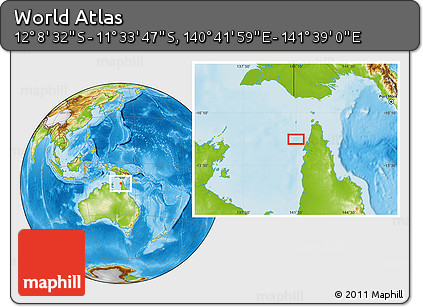 Physical Location Map of the Area around 11° 51' 9" S, 141° 10' 30" E