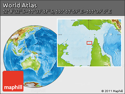 Physical Location Map of the Area around 11° 51' 9" S, 141° 10' 30" E