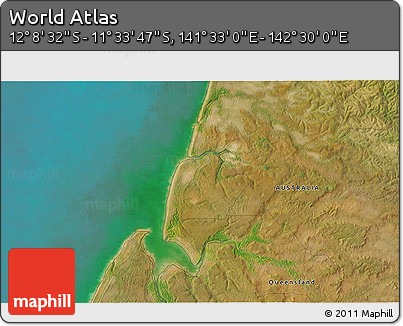 Satellite 3D Map of the Area around 11° 51' 9" S, 142° 1' 30" E