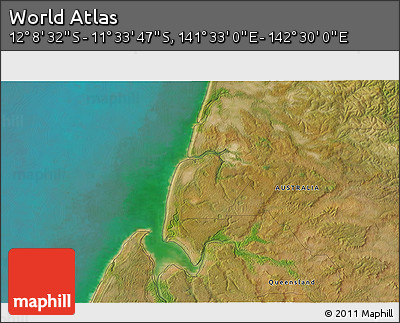 Satellite 3D Map of the Area around 11° 51' 9" S, 142° 1' 30" E