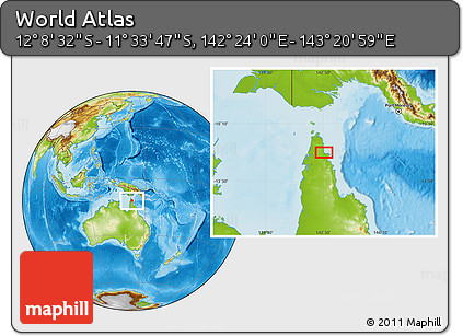Physical Location Map of the Area around 11° 51' 9" S, 142° 52' 30" E