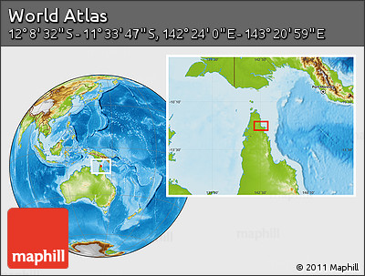 Physical Location Map of the Area around 11° 51' 9" S, 142° 52' 30" E