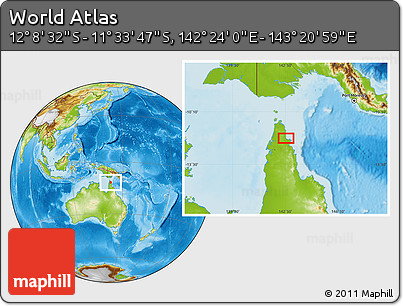 Physical Location Map of the Area around 11° 51' 9" S, 142° 52' 30" E