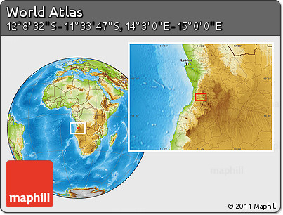 Physical Location Map of the Area around 11° 51' 9" S, 14° 31' 30" E