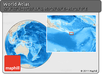 Shaded Relief Location Map of the Area around 11° 51' 9" S, 153° 55' 30" E