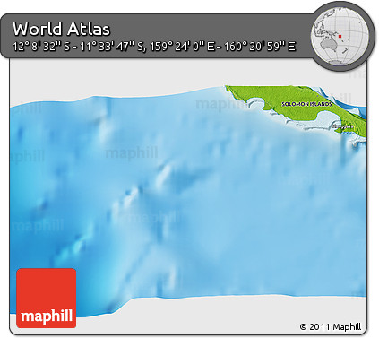 Physical 3D Map of the Area around 11° 51' 9" S, 159° 52' 30" E