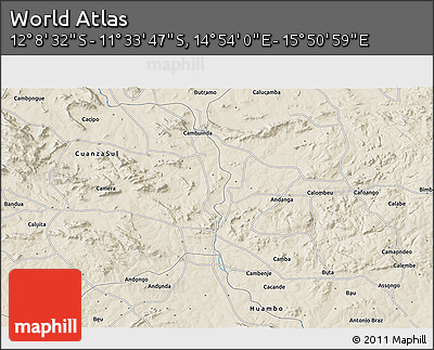 Shaded Relief 3D Map of the Area around 11° 51' 9" S, 15° 22' 30" E