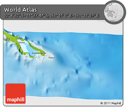 Physical 3D Map of the Area around 11° 51' 9" S, 160° 43' 29" E