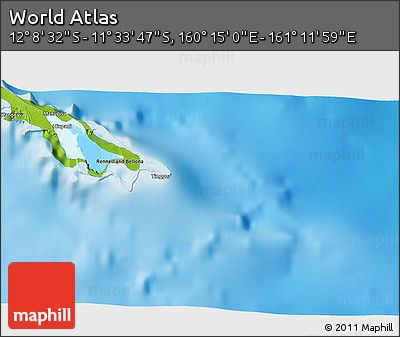 Physical 3D Map of the Area around 11° 51' 9" S, 160° 43' 29" E