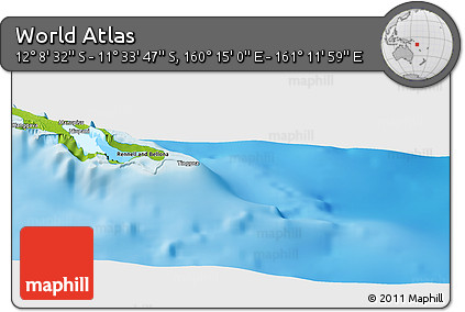 Physical Panoramic Map of the Area around 11° 51' 9" S, 160° 43' 29" E