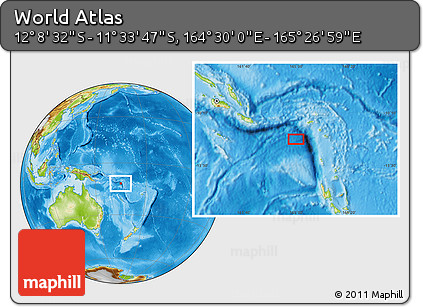 Physical Location Map of the Area around 11° 51' 9" S, 164° 58' 29" E