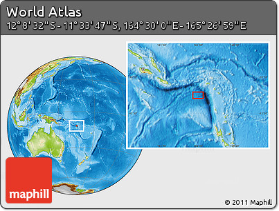 Physical Location Map of the Area around 11° 51' 9" S, 164° 58' 29" E