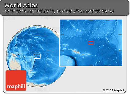 Shaded Relief Location Map of the Area around 11° 51' 9" S, 169° 4' 29" W
