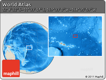 Shaded Relief Location Map of the Area around 11° 51' 9" S, 169° 4' 29" W
