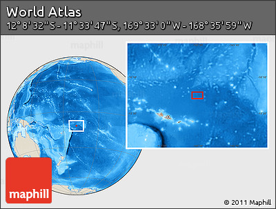 Shaded Relief Location Map of the Area around 11° 51' 9" S, 169° 4' 29" W
