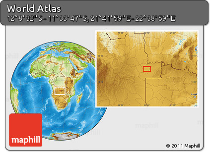 Physical Location Map of the Area around 11° 51' 9" S, 22° 10' 29" E