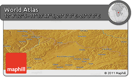 Physical Panoramic Map of the Area around 11° 51' 9" S, 25° 34' 30" E