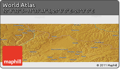 Physical Panoramic Map of the Area around 11° 51' 9" S, 25° 34' 30" E
