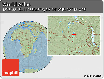 Savanna Style Location Map of the Area around 11° 51' 9" S, 29° 49' 30" E, hill shading