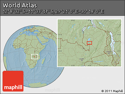 Savanna Style Location Map of the Area around 11° 51' 9" S, 29° 49' 30" E, hill shading