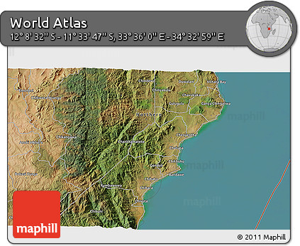 Satellite 3D Map of the Area around 11° 51' 9" S, 34° 4' 30" E