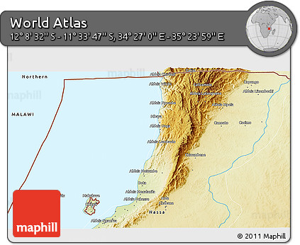 Physical 3D Map of the Area around 11° 51' 9" S, 34° 55' 29" E