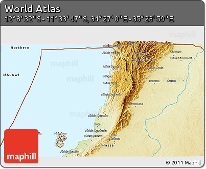 Physical 3D Map of the Area around 11° 51' 9" S, 34° 55' 29" E