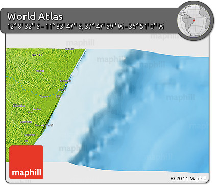 Physical 3D Map of the Area around 11° 51' 9" S, 37° 19' 30" W