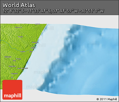 Physical 3D Map of the Area around 11° 51' 9" S, 37° 19' 30" W