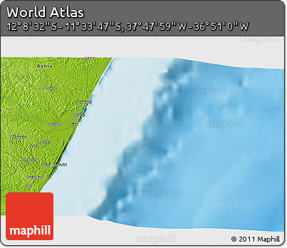 Physical 3D Map of the Area around 11° 51' 9" S, 37° 19' 30" W