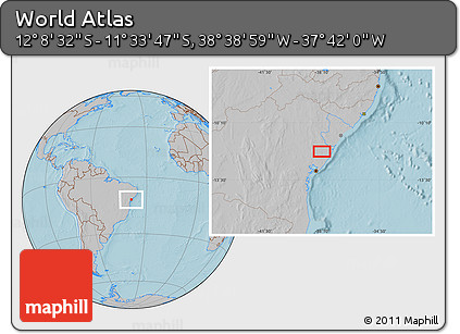 Gray Location Map of the Area around 11° 51' 9" S, 38° 10' 29" W, hill shading