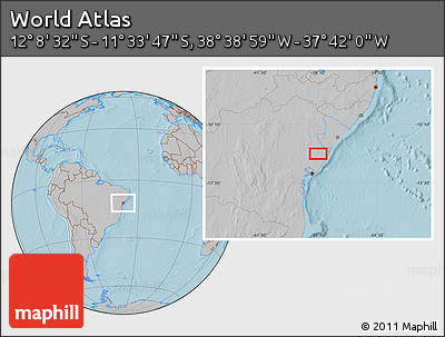 Gray Location Map of the Area around 11° 51' 9" S, 38° 10' 29" W, hill shading