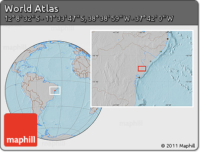 Gray Location Map of the Area around 11° 51' 9" S, 38° 10' 29" W, hill shading