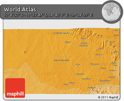 Political 3D Map of the Area around 11° 51' 9" S, 39° 10' 29" E
