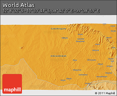 Political 3D Map of the Area around 11° 51' 9" S, 39° 10' 29" E