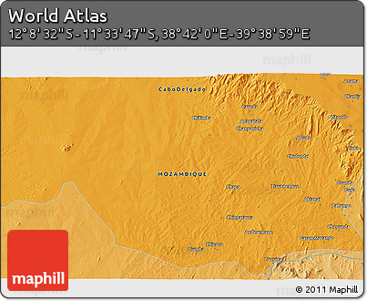 Political 3D Map of the Area around 11° 51' 9" S, 39° 10' 29" E