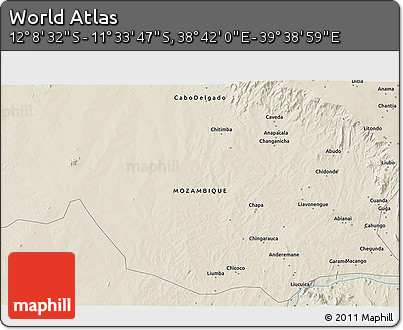 Shaded Relief 3D Map of the Area around 11° 51' 9" S, 39° 10' 29" E