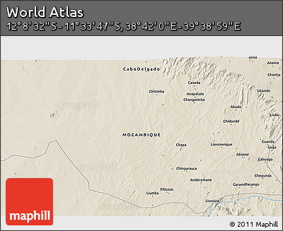 Shaded Relief 3D Map of the Area around 11° 51' 9" S, 39° 10' 29" E