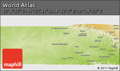 Physical Panoramic Map of the Area around 11° 51' 9" S, 39° 10' 29" E