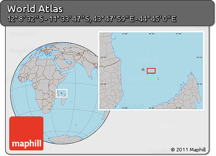 Gray Location Map of the Area around 11° 51' 9" S, 44° 16' 29" E