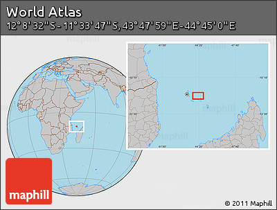 Gray Location Map of the Area around 11° 51' 9" S, 44° 16' 29" E