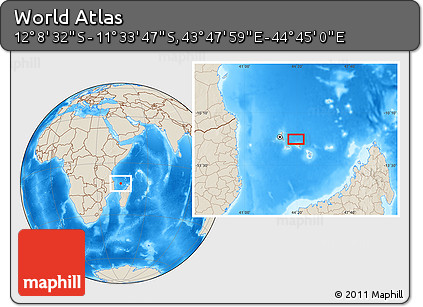 Shaded Relief Location Map of the Area around 11° 51' 9" S, 44° 16' 29" E