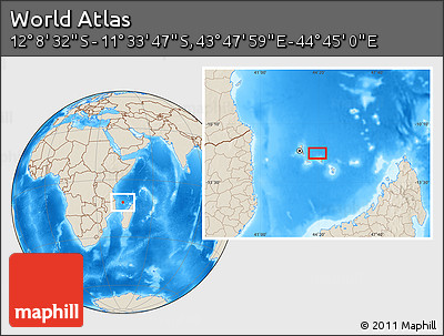 Shaded Relief Location Map of the Area around 11° 51' 9" S, 44° 16' 29" E