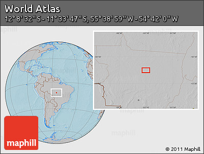 Gray Location Map of the Area around 11° 51' 9" S, 55° 10' 29" W, hill shading