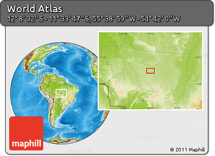 Physical Location Map of the Area around 11° 51' 9" S, 55° 10' 29" W