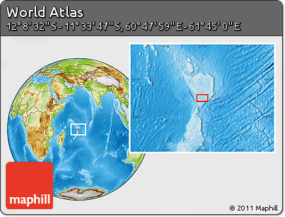 Physical Location Map of the Area around 11° 51' 9" S, 61° 16' 29" E