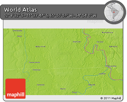 Physical 3D Map of the Area around 11° 51' 9" S, 65° 22' 30" W