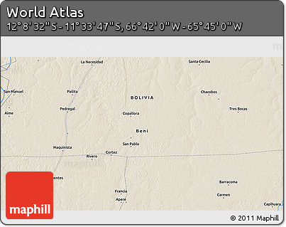 Shaded Relief 3D Map of the Area around 11° 51' 9" S, 66° 13' 29" W