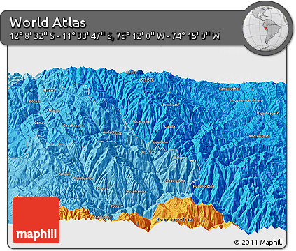 Political 3D Map of the Area around 11° 51' 9" S, 74° 43' 29" W