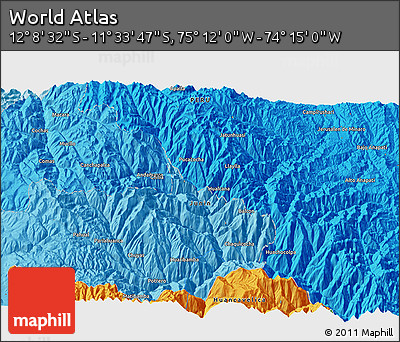 Political 3D Map of the Area around 11° 51' 9" S, 74° 43' 29" W